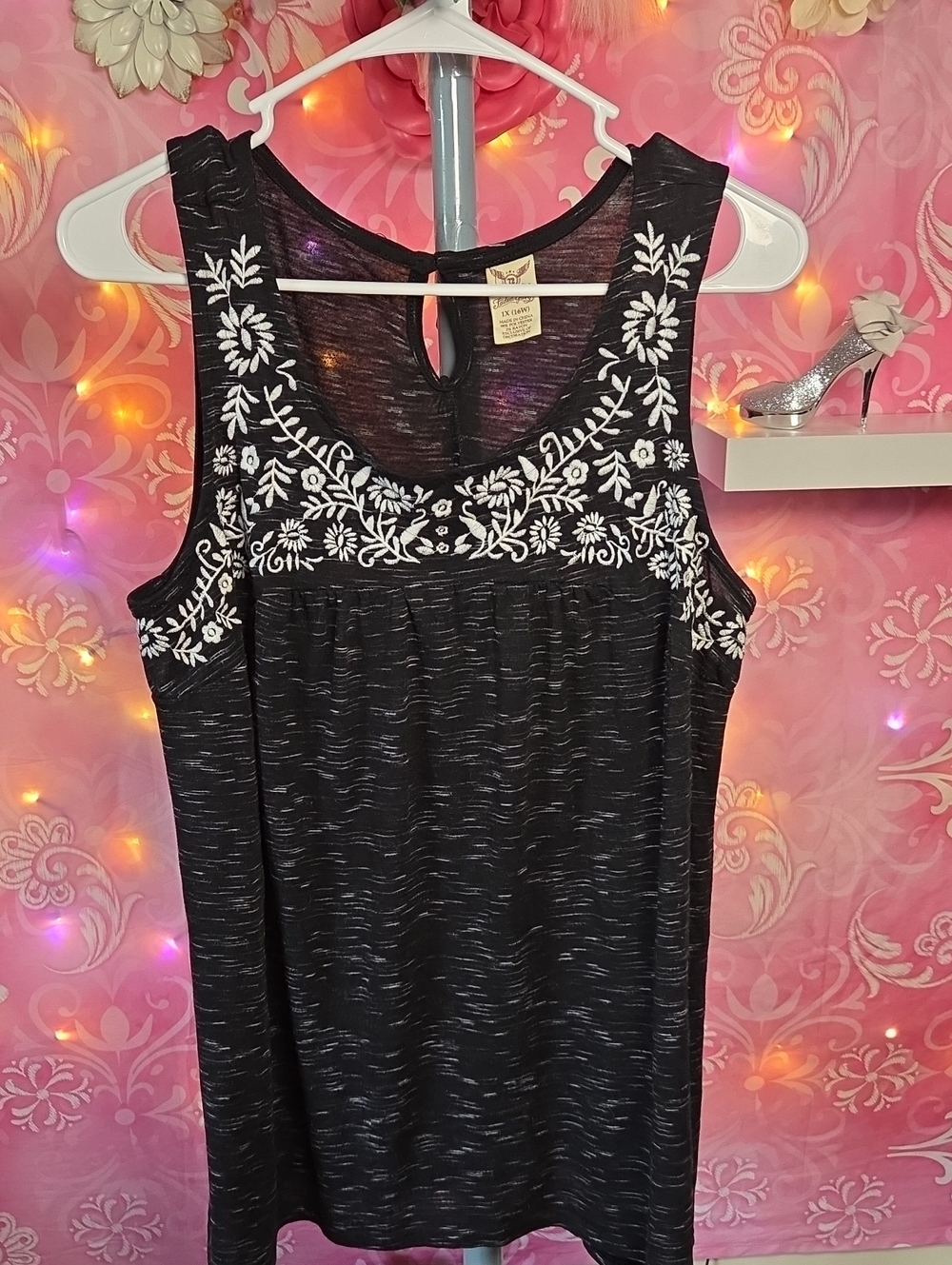 Faded Glory Black Tank Top with White Floral Embroidery